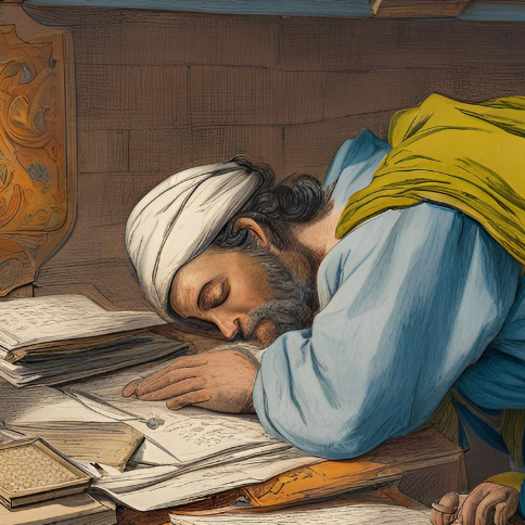 A writer sleeps at his desk, head pressed into a pile of papers.